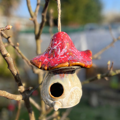 Hanging Ceramic Mushroom Shaped Birdhouse – Rustic Garden Decor for Bird Lovers