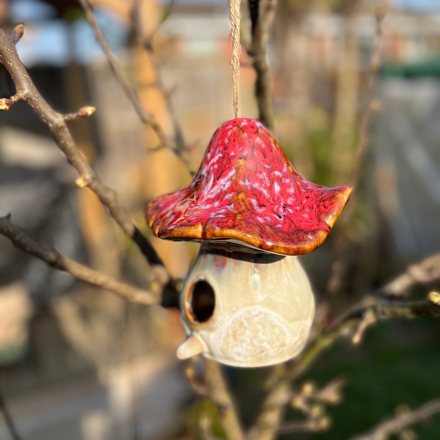 Hanging Ceramic Mushroom Shaped Birdhouse – Rustic Garden Decor for Bird Lovers