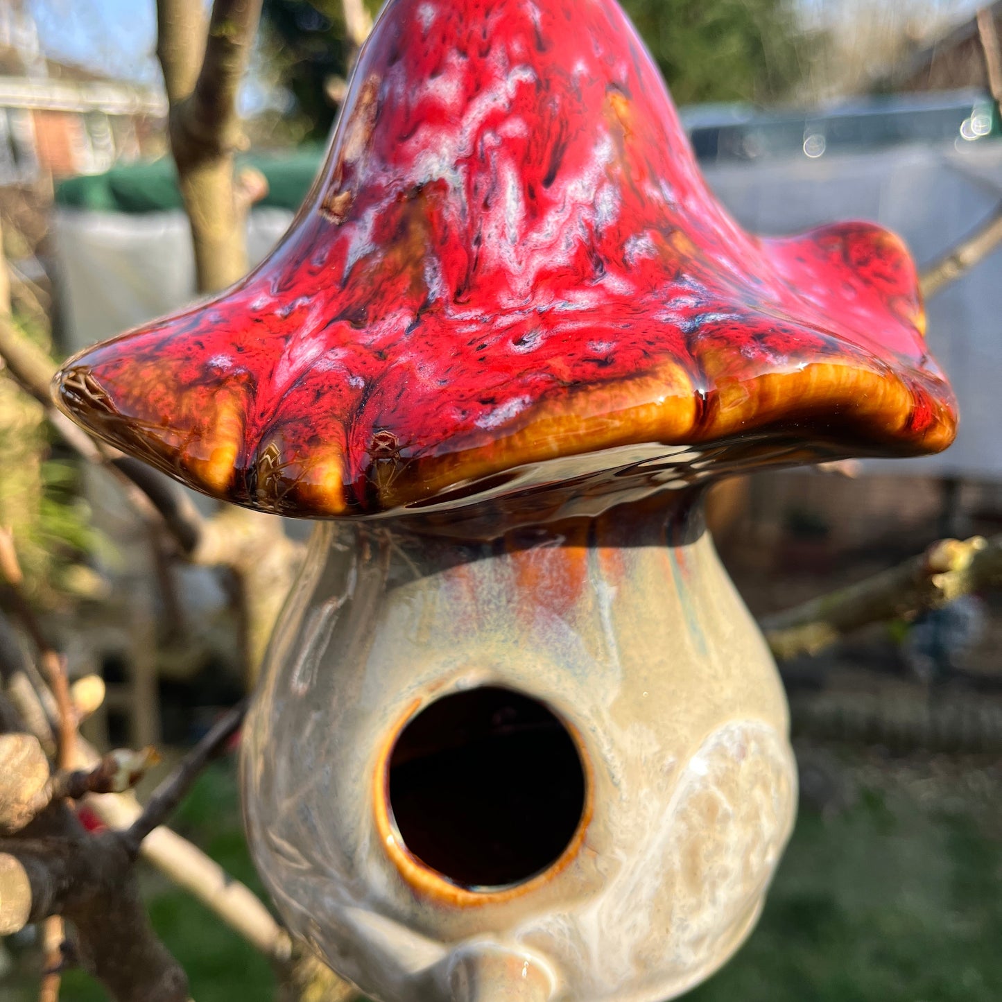 Hanging Ceramic Mushroom Shaped Birdhouse – Rustic Garden Decor for Bird Lovers