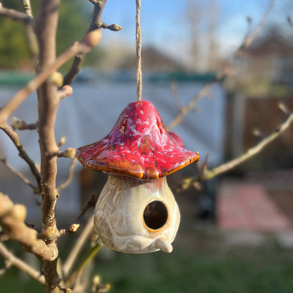 Hanging Ceramic Mushroom Shaped Birdhouse – Rustic Garden Decor for Bird Lovers
