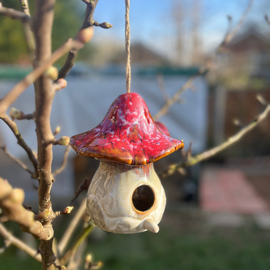 Hanging Ceramic Mushroom Shaped Birdhouse – Rustic Garden Decor for Bird Lovers