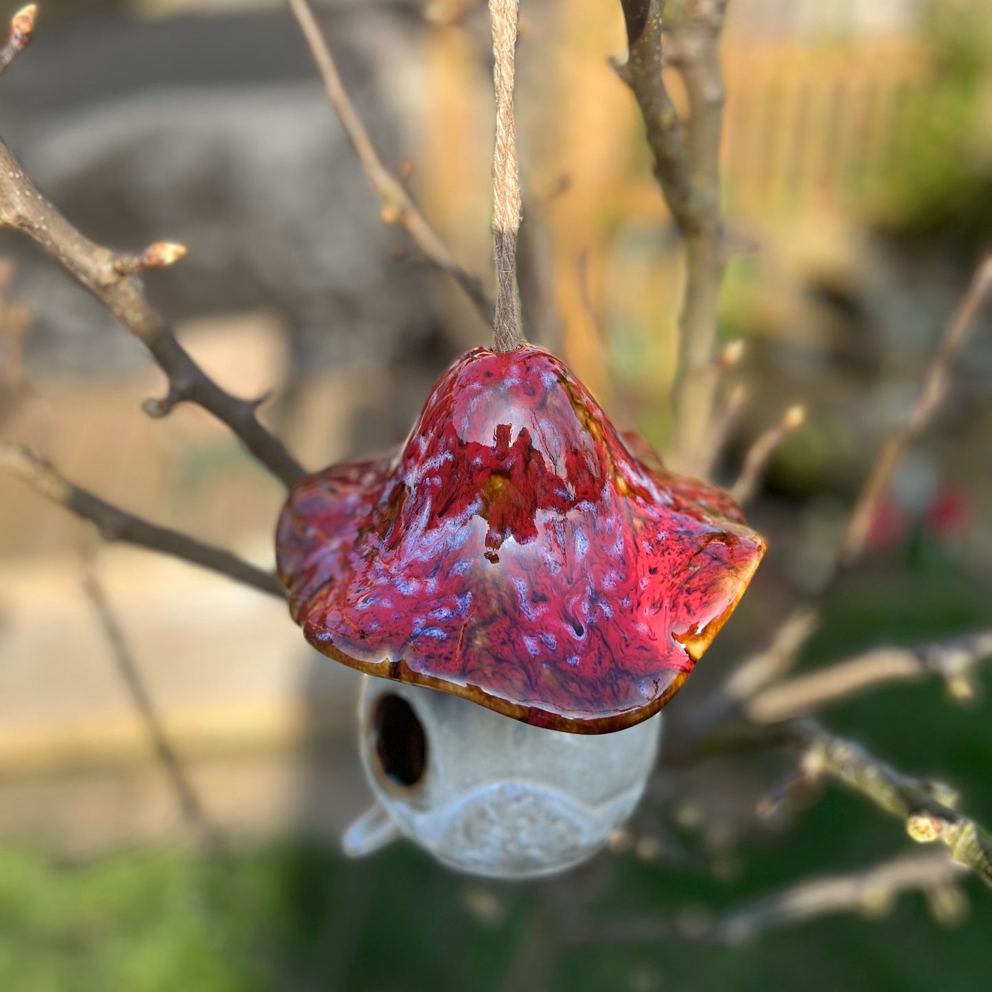 Hanging Ceramic Mushroom Shaped Birdhouse – Rustic Garden Decor for Bird Lovers