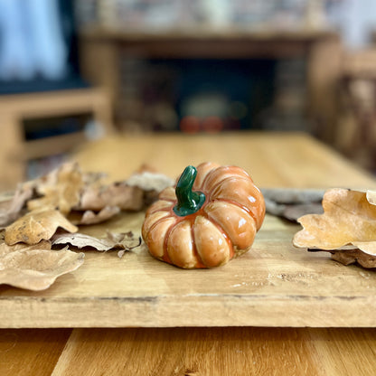Decorative pumpkin with a green stem on a wooden surface