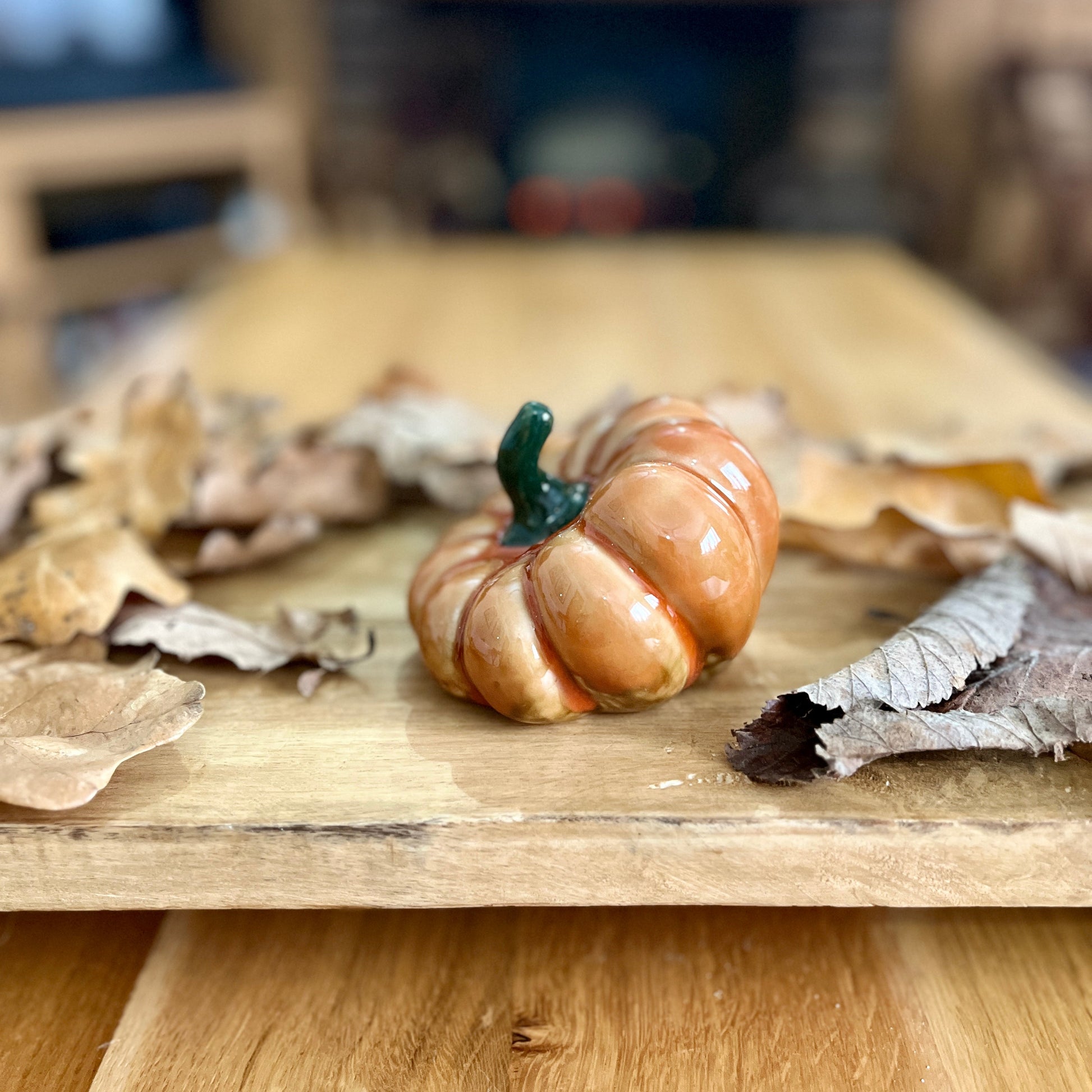 Small decorative pumpkin on a wooden surface with leaves