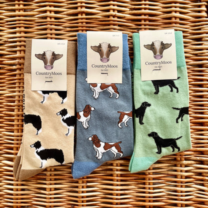 Three pairs of socks with dog patterns on a wicker surface, featuring 'Country Moos' branding.
