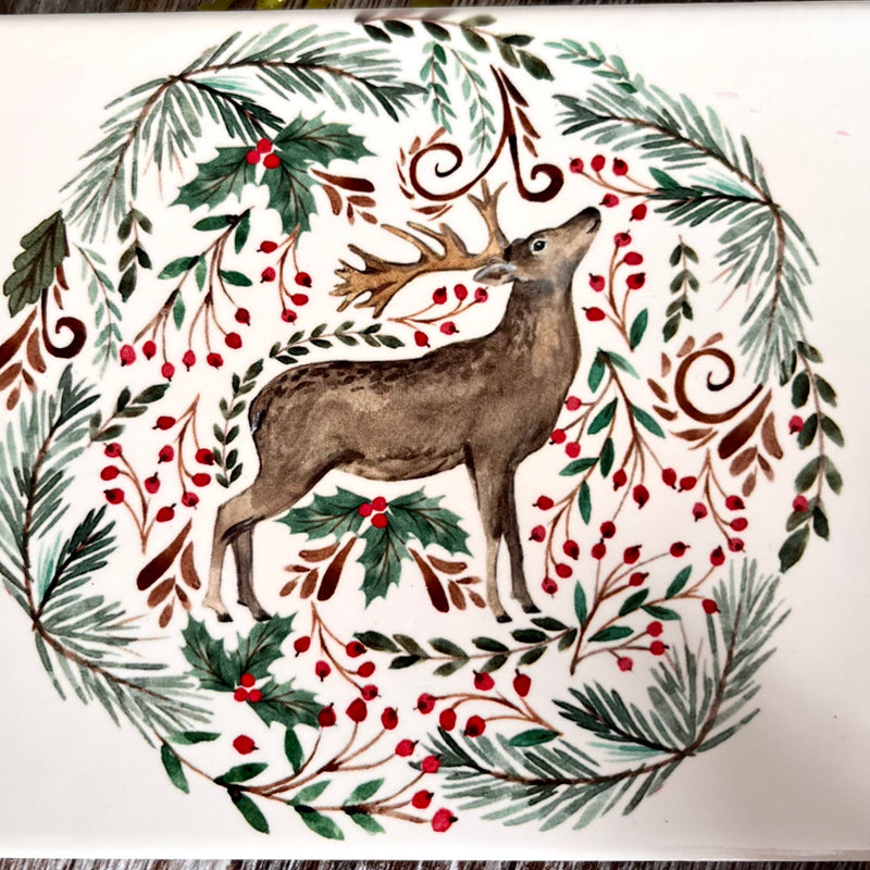 Ceramic Christmas Stag Trivet Close Up Of Design