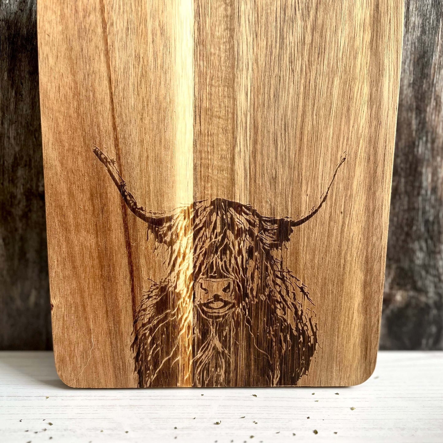Highland Cow Cutting Board Close Up Of Etched Image