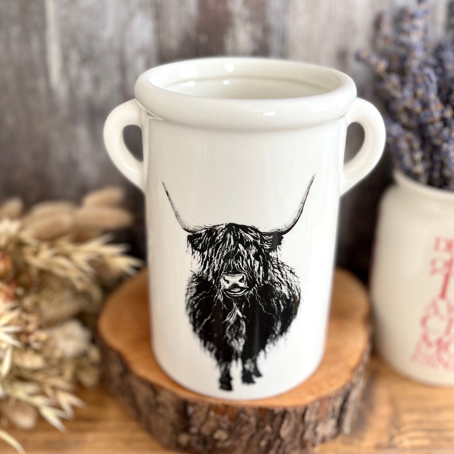 Black & White Highland Cow Ceramic Vase View From Above