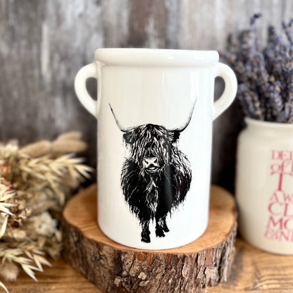 Black & White Highland Cow Ceramic Vase Display