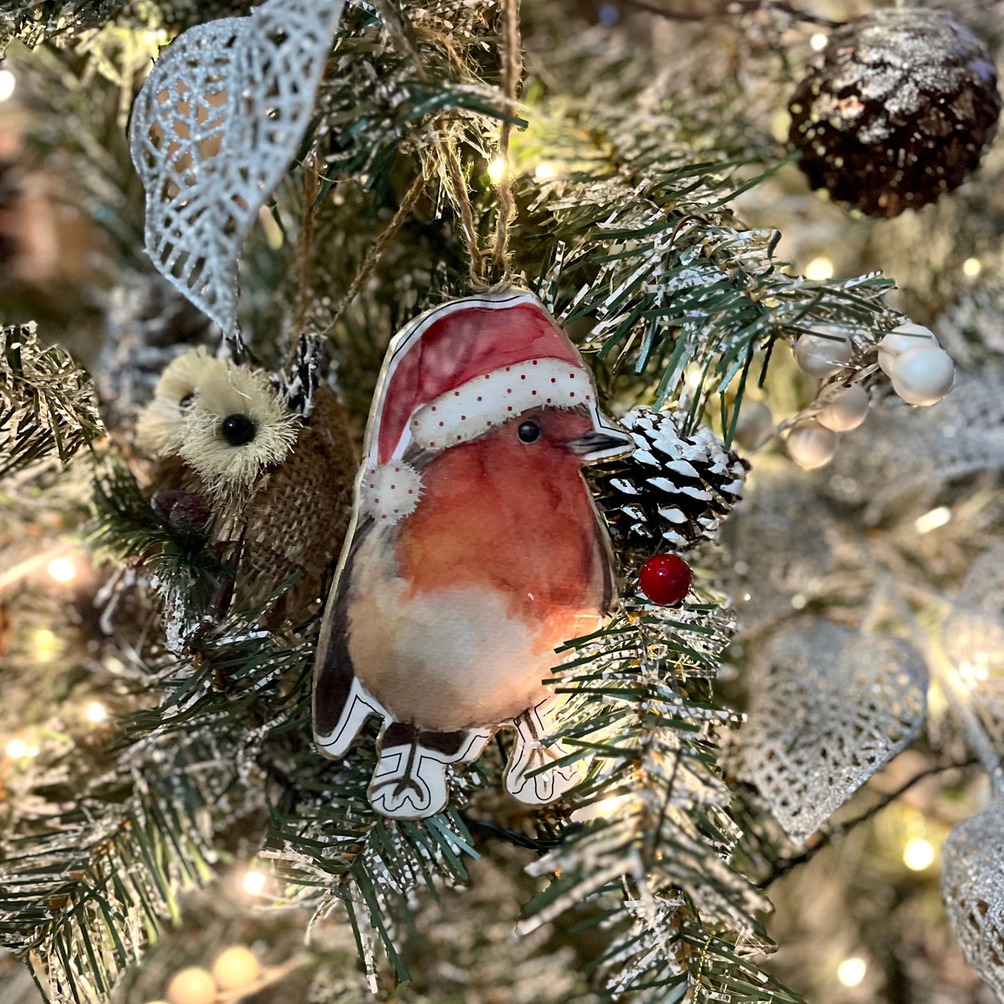 Robin Shape Metal Bauble Displayed on Tree