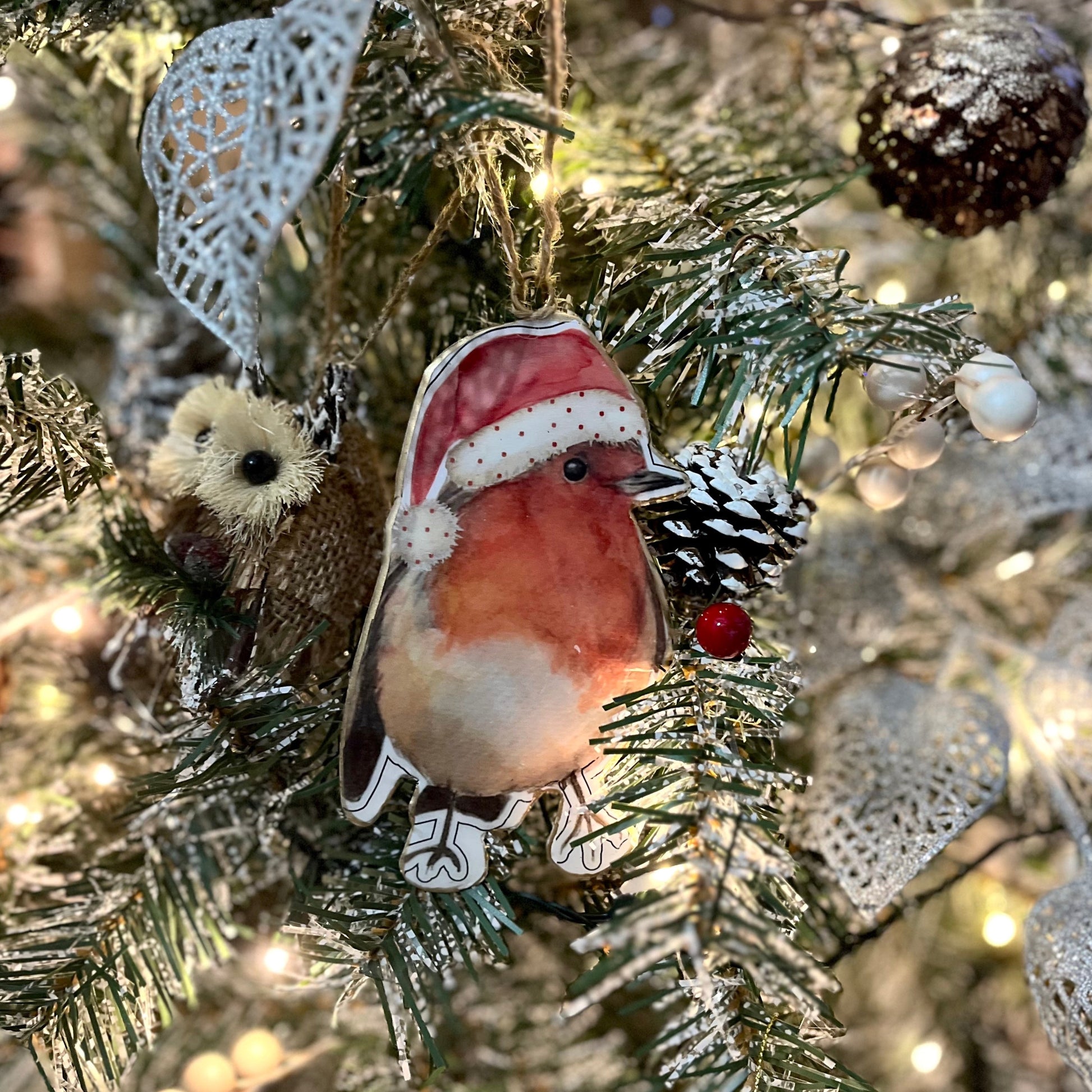 Robin Shape Metal Bauble Displayed on Tree