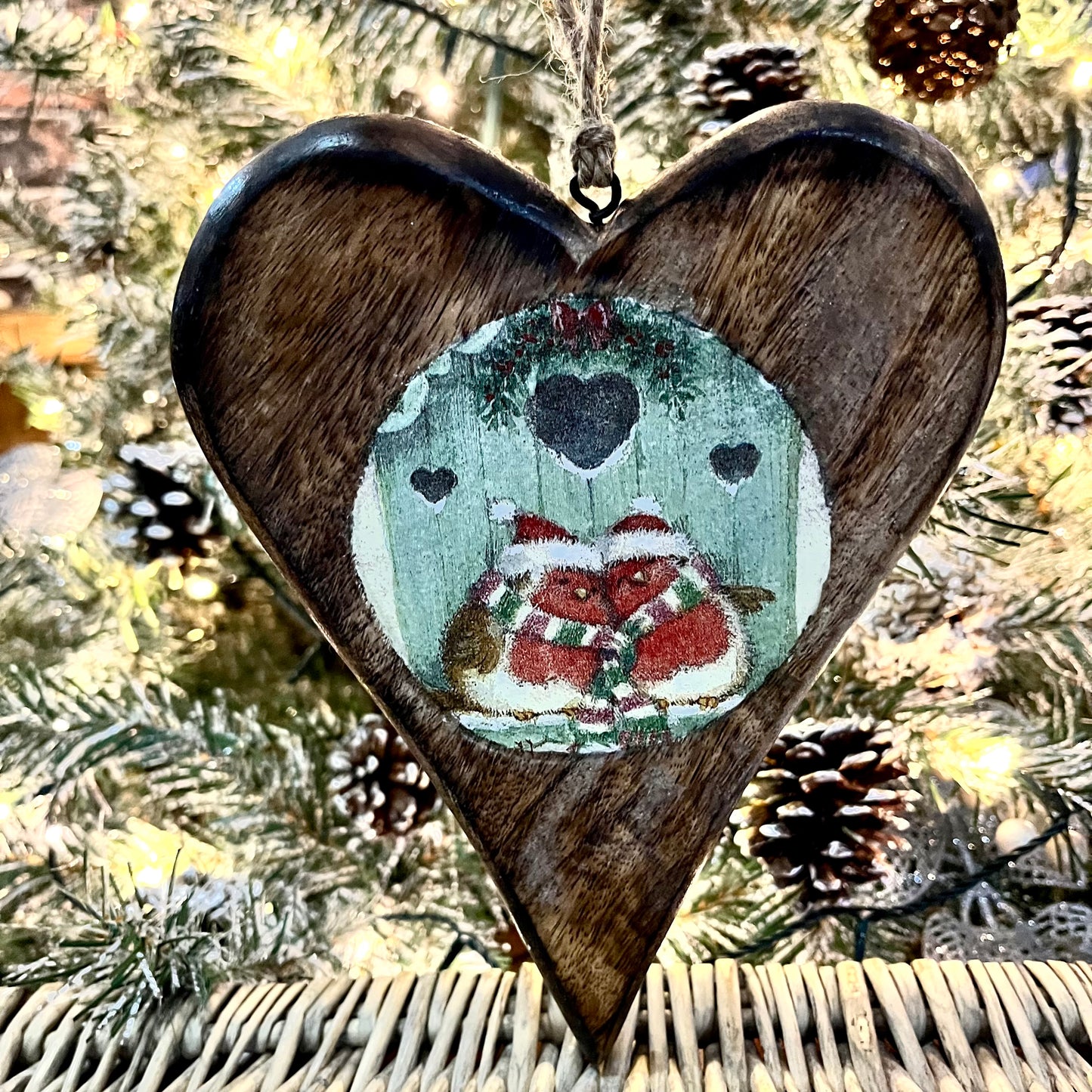 Christmas Robins Wooden Heart | Festive Wall Hanging