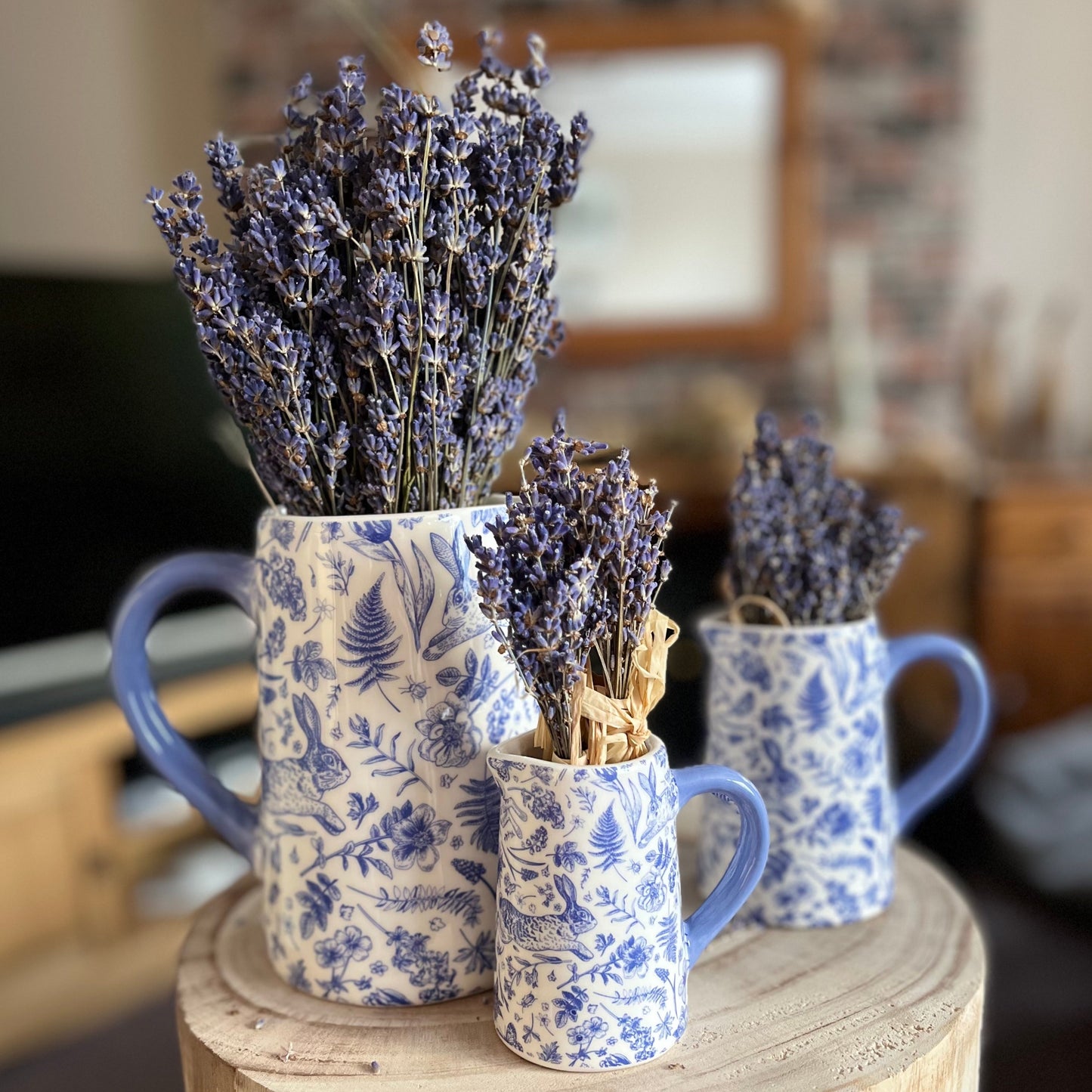 Set of 3 Jugs Displayed With Lavender Homely Background