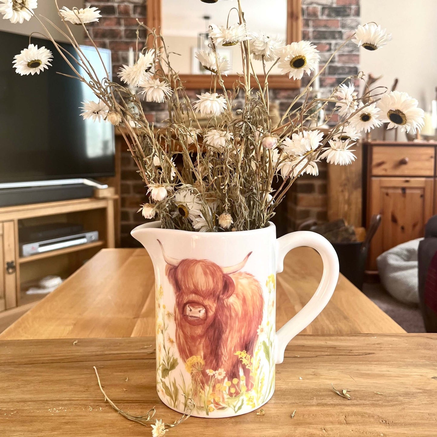 Spring Highland Cow Jug With Dried Flowers Display