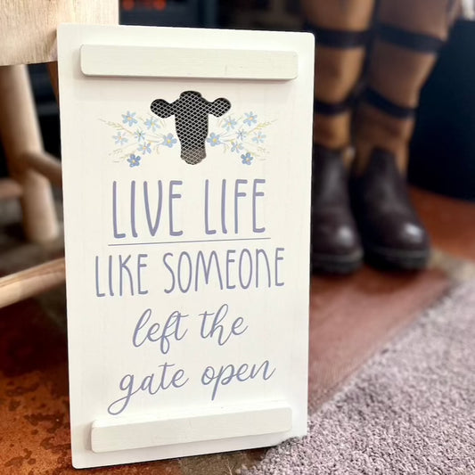 Wooden Cow Quote Sign Displayed With Stool & Country Boots