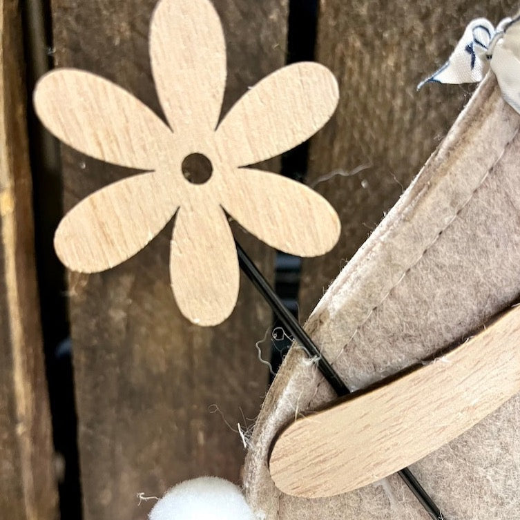 Close up of Details of Wooden Flower & Fluffy Bottom - Freestanding Easter Bunny