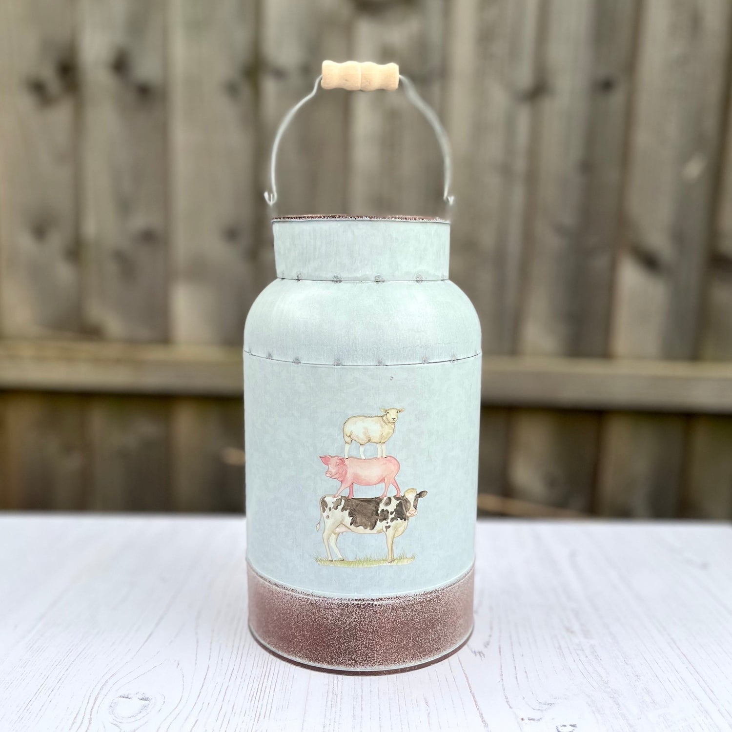 Tall Farmyard Metal Churn with Handle Displayed up