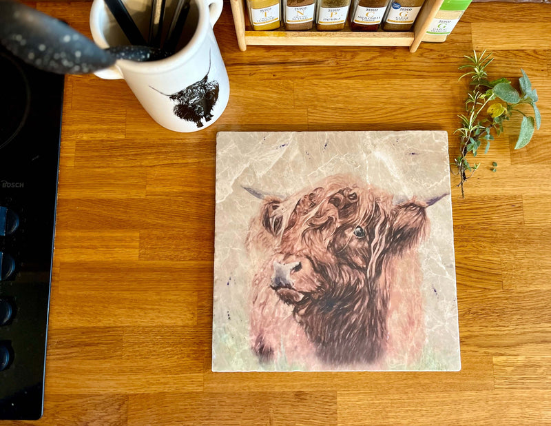 Large Highland Cow Marble Trivet