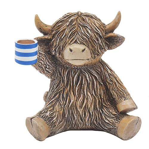 Highland Cow Figurine with a Cuppa