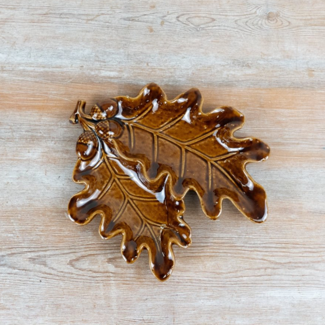Double Oak Leaf Brown Ceramic Trinket Dish