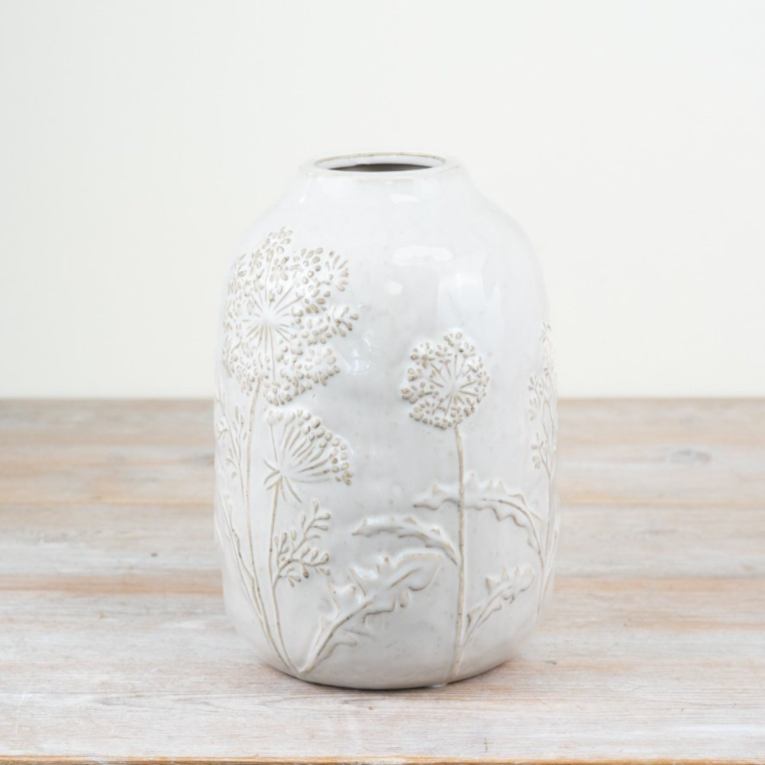 Large White Wildflower Stoneware Vase