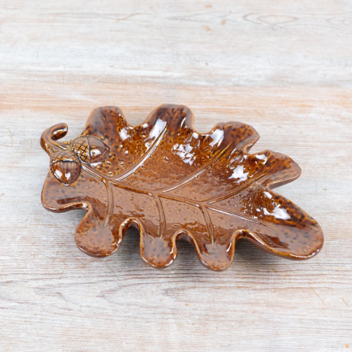 Ceramic Brown Oak Leaf with Embossed Acorns Dish