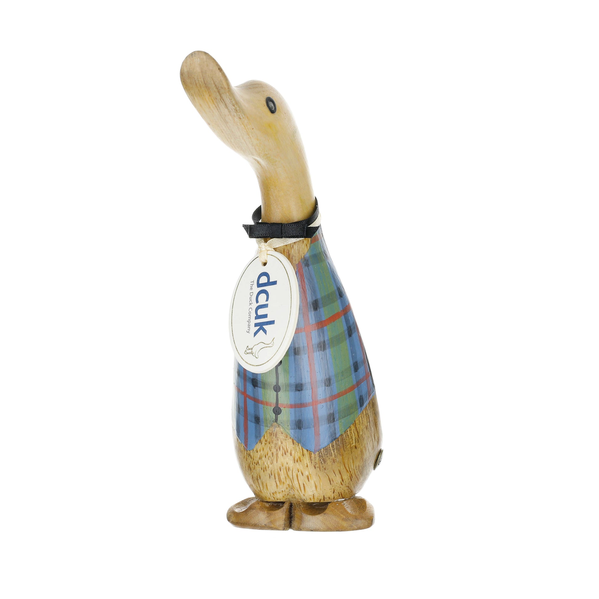 Wooden duck figurine wearing a plaid shirt with a visible brand tag on a white background