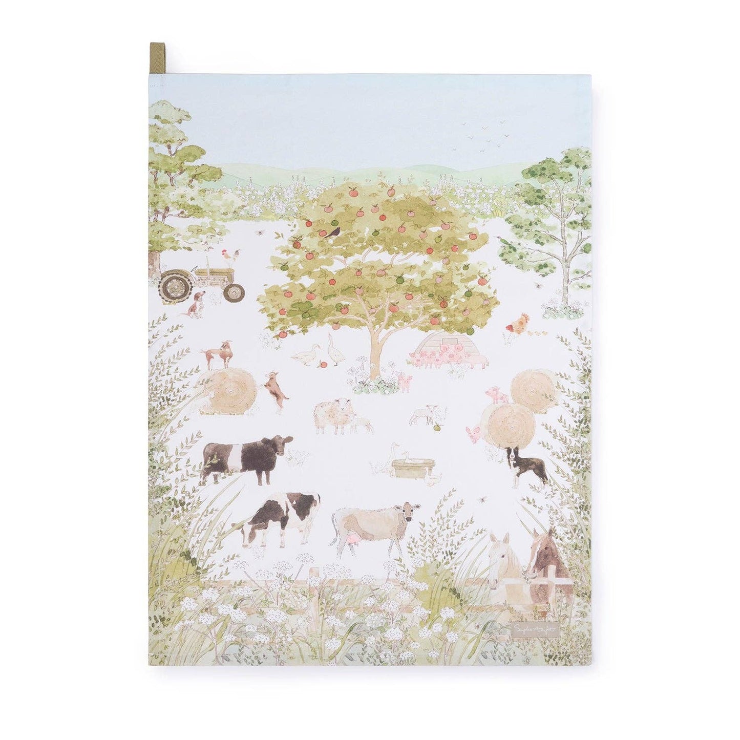 Illustrated tea towel with farm animals landscape