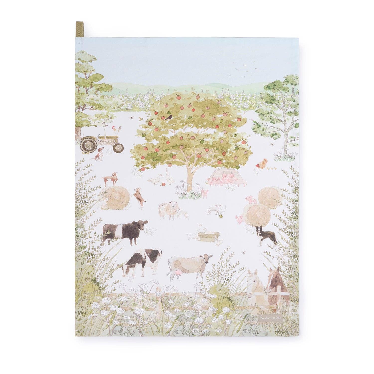 Illustrated tea towel with farm animals landscape