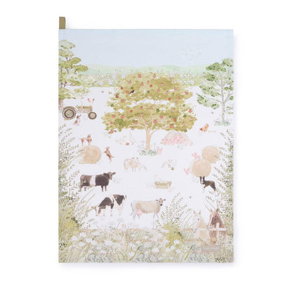 Illustrated tea towel with farm animals landscape