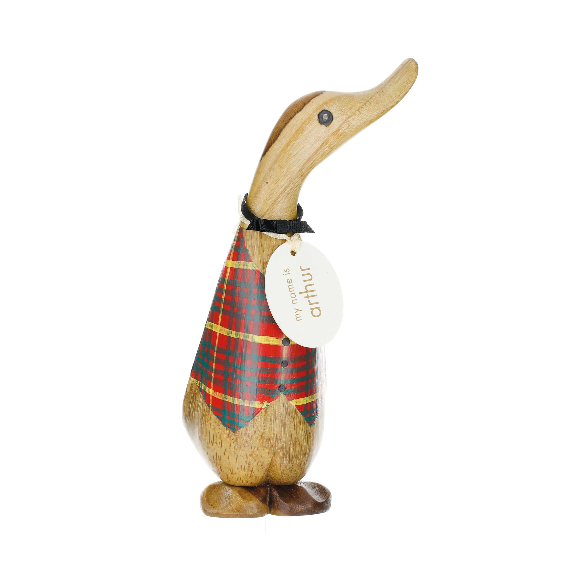 Wooden duck figurine with a tartan pattern and a tag labeled 'Arthur' on a white background