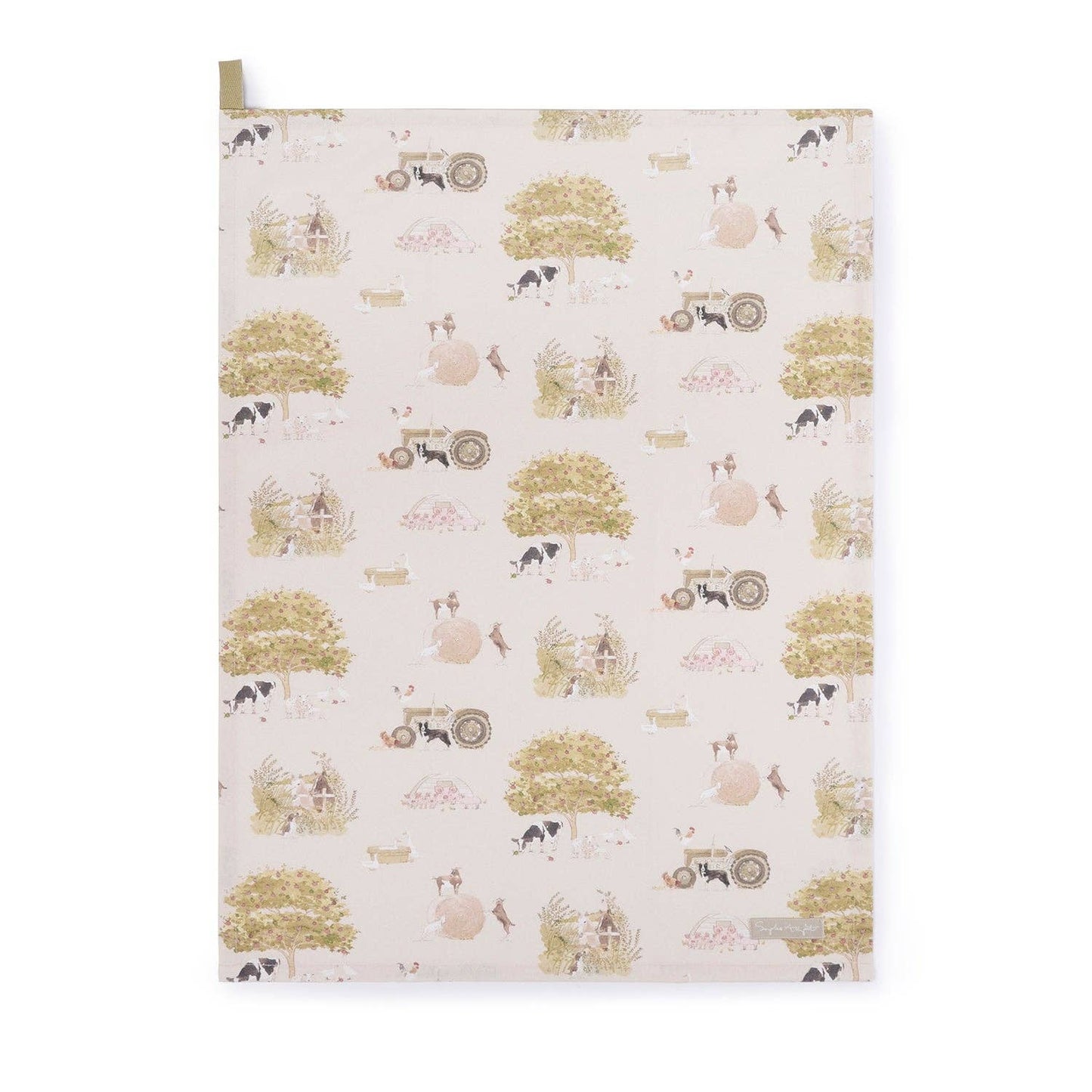 Patterned tea towel with vintage tractors, farm animals, and trees on a white background