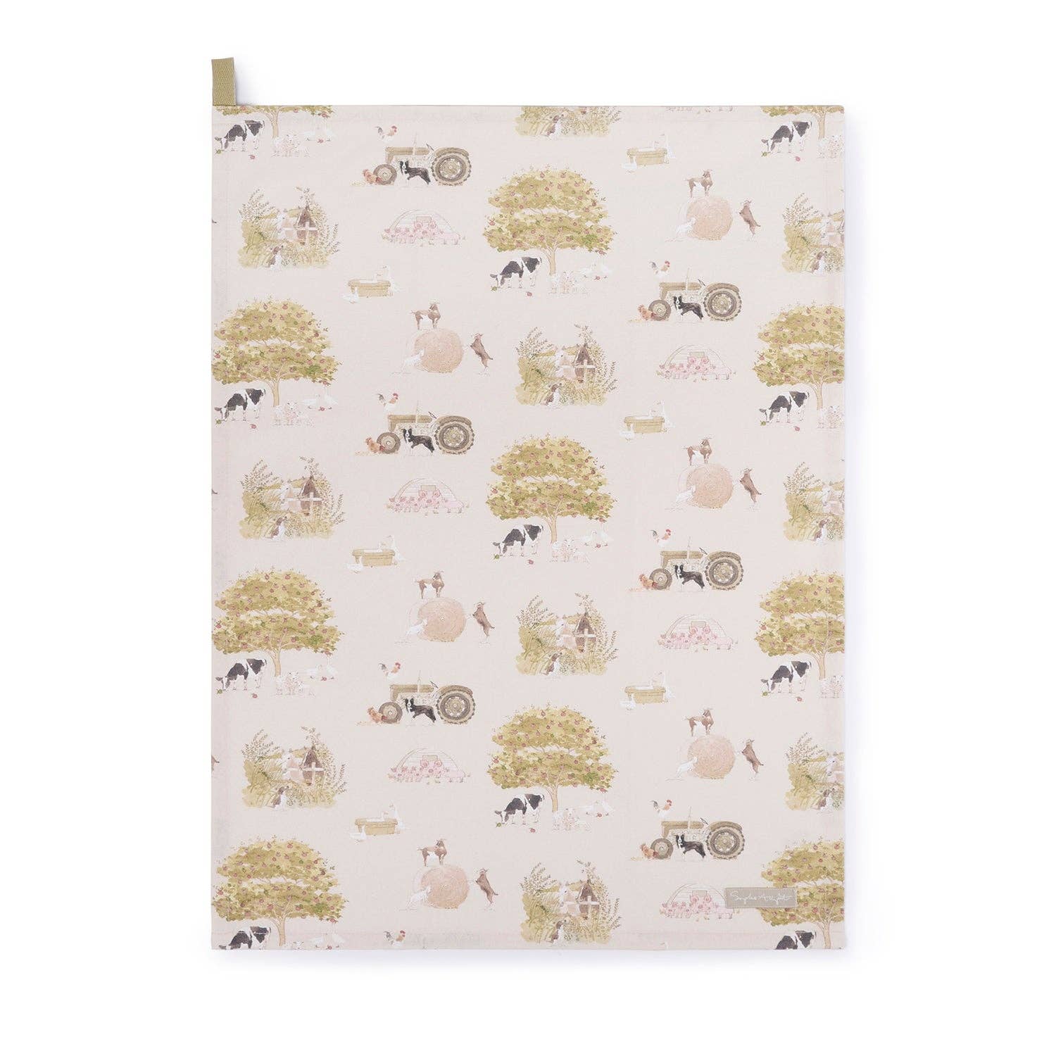 Patterned tea towel with vintage tractors, farm animals, and trees on a white background
