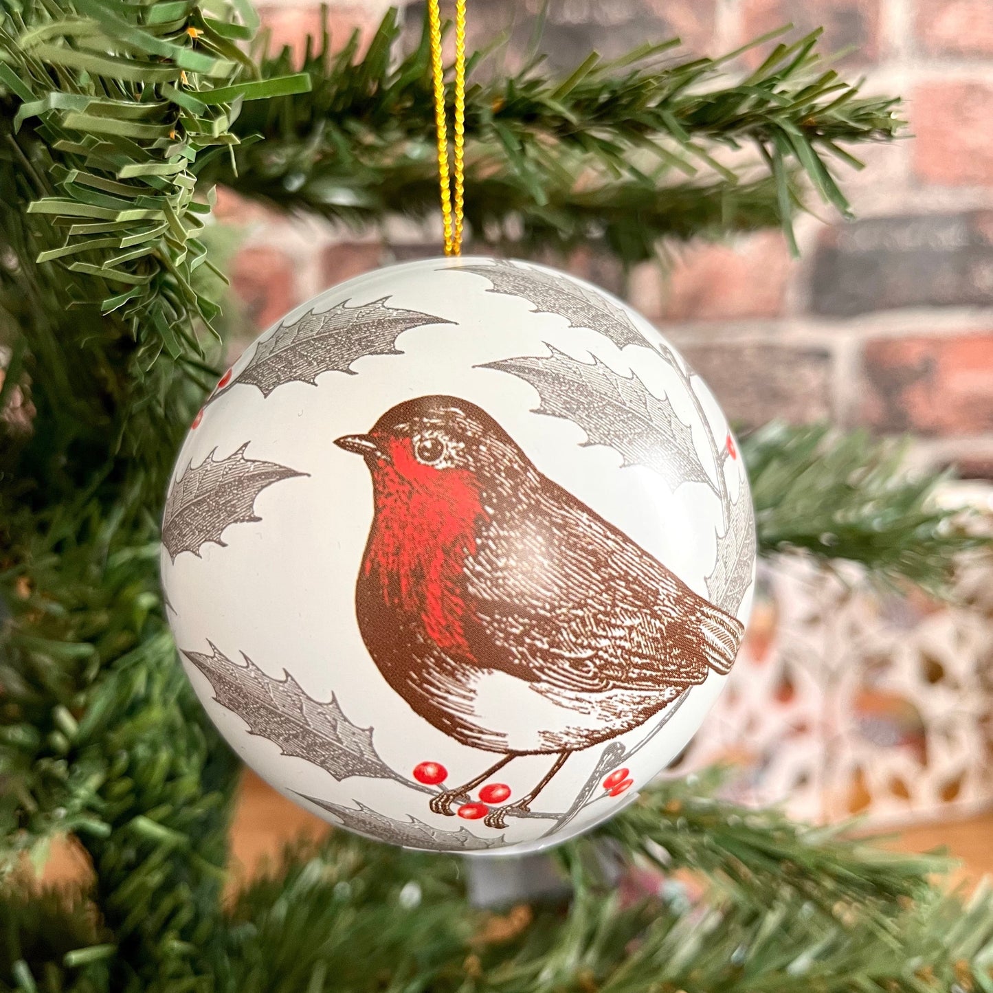 Robin Tin Bauble Hanging on Tree