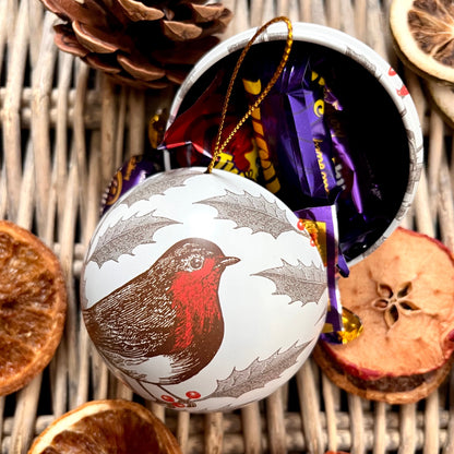 Robin Tin Bauble Split Open With Sweets Inside